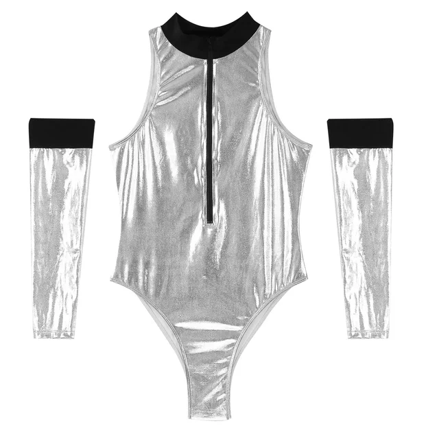 Silver Space Astronaut Costume Womens Sexy Clubwear Glossy Leather Bodysuit  Catsuit with Oversleeve Astronaut Uniform Outfit - AliExpress