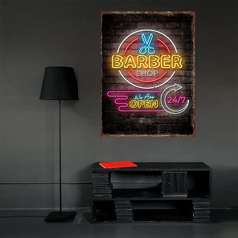 Description Picture 4 of itemBarbershop Poster Barber Shave Beard Metal Tin Sign Rotating Colorful Light Pattern Iron Art Board Barberies Wall Decor Plaque