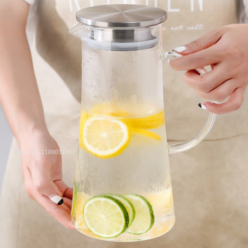 Cylinder Glass Water Pitcher With Stainless Steel Lid - 1100Ml