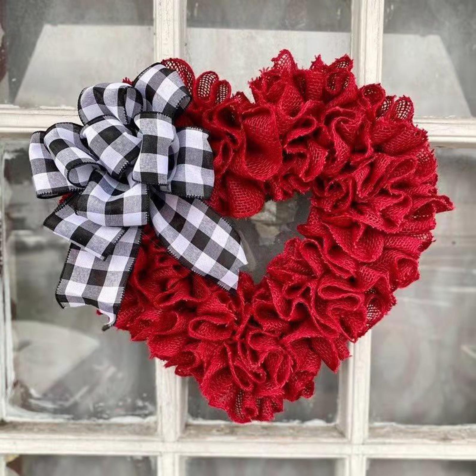 Red Heart Shaped Wreath 5.7in Plaid Bowknot Front Door Artificial Garland for Home Farmhouse Decoration