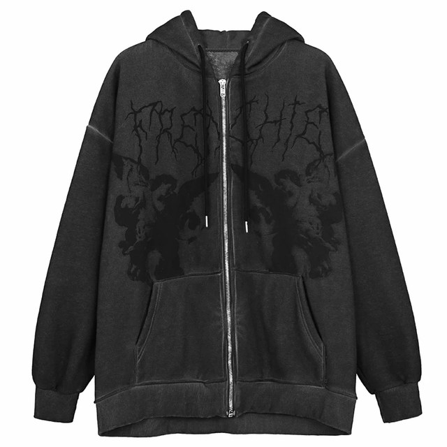 Y2K Hoodie Zip-up Sweatshirt Angel Print Jacket Loose Long Sleeve 