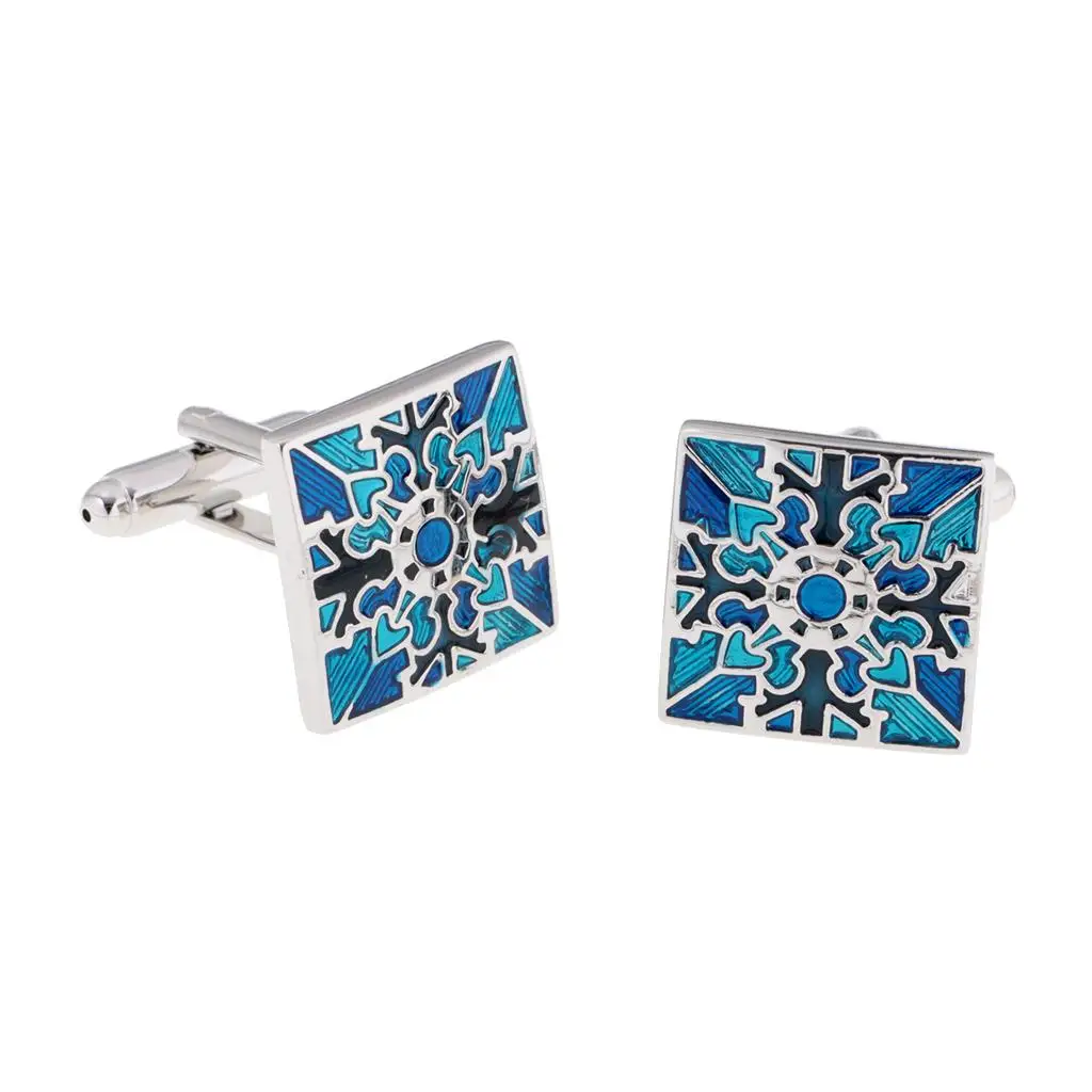 Blue Grid Square Wedding Mens Silver Tone Cufflinks Square Cuff Link Buttons