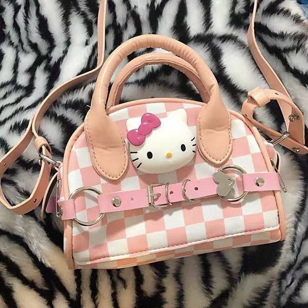 Hello Kitty Sanrio Gothic Girl Retro Women Crossbody Bag Hot Girls Black  Pink Contrast Fashion Handheld Leather Bag Holiday Gift - AliExpress