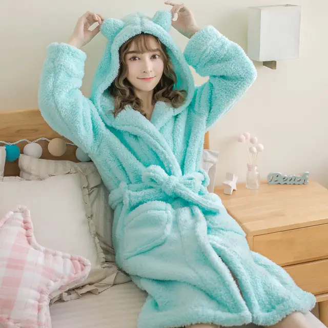 Women Robes Sleepwear Cute 3d Ear Hooded Flannel Bathrobe Soft And Warm  Double Faced Velvet Bathrobe Winter Womens Robes Pajamas