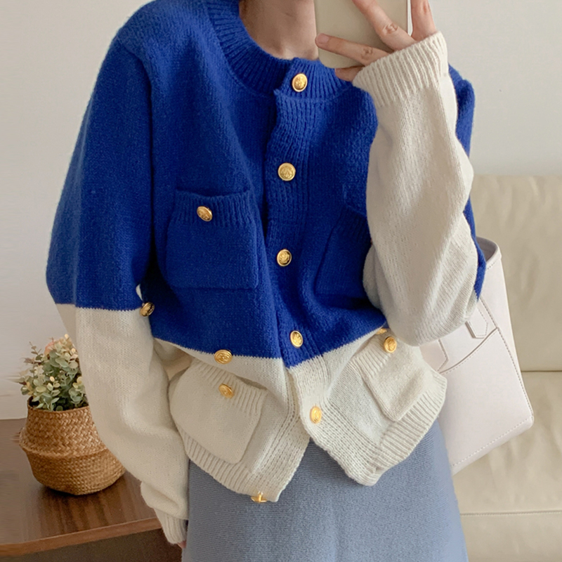 streetwear cardigan de lã das mulheres outono inverno botão dourado retalhos azul malha cardigan senhoras solto camisola casaco de luxo