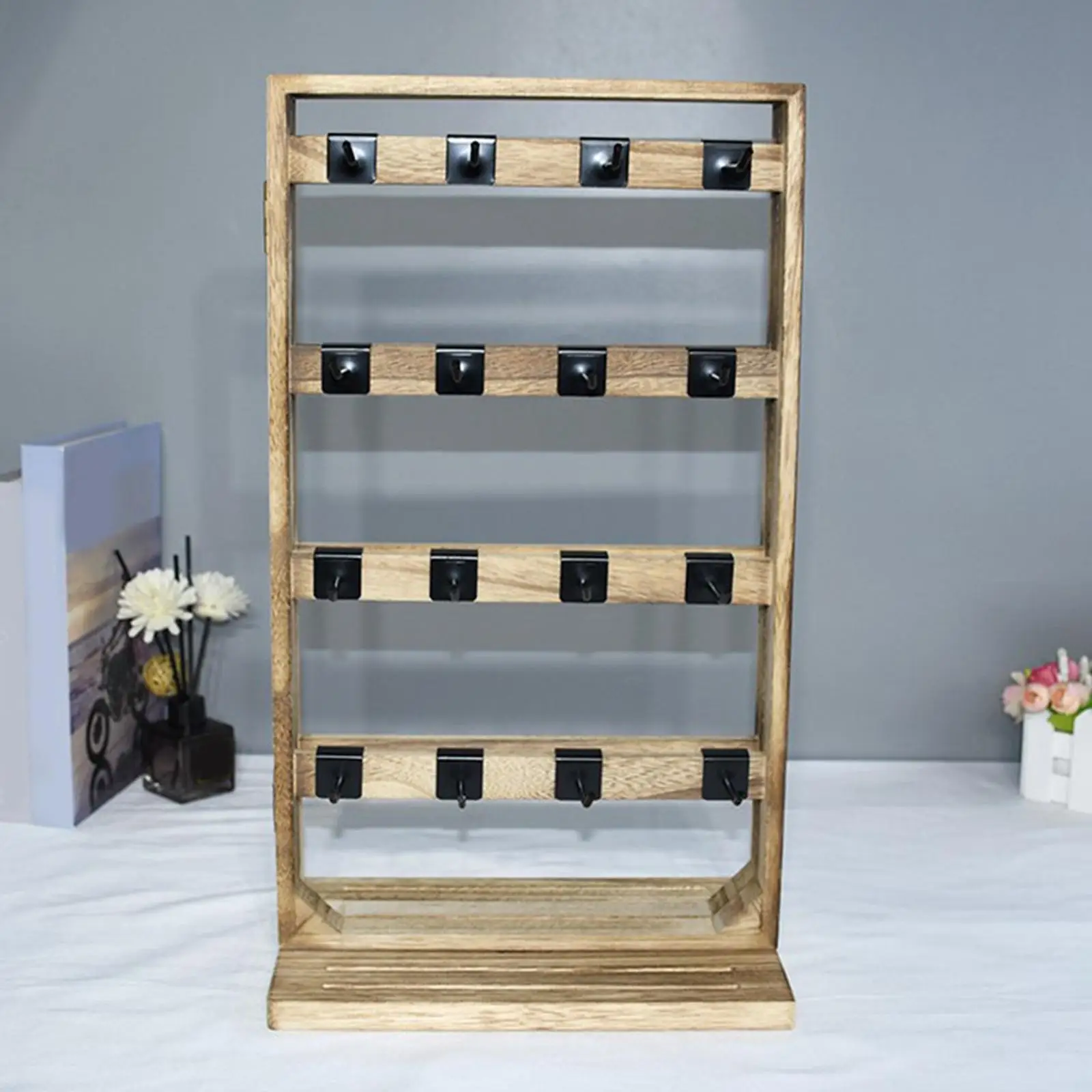 Wooden Earrings Display Stand with 32 Hooks Ring Organizer Multipurpose Earring Card Stand Jewelry Rack for Showcase Dresser