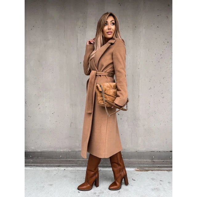 Casual Autumn Winter Women Wool Blends Coats Solid Color Turn-down