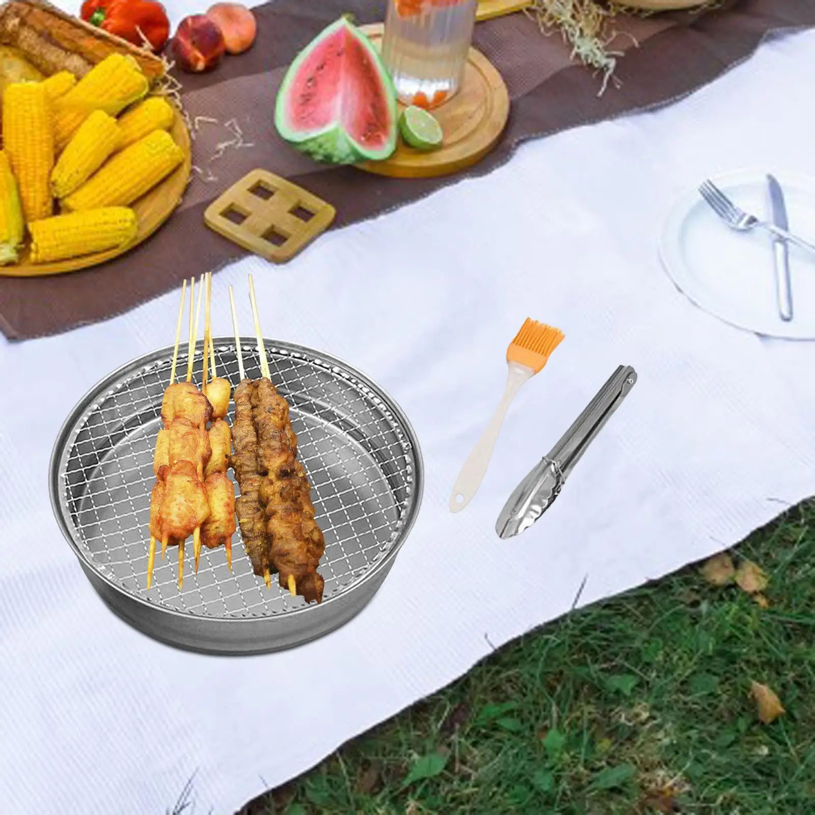 Disposable Charcoal Grill Portable Stainless Steel Baking Tray with Brush and Tongs for Cooking Patio Backpacking Hiking