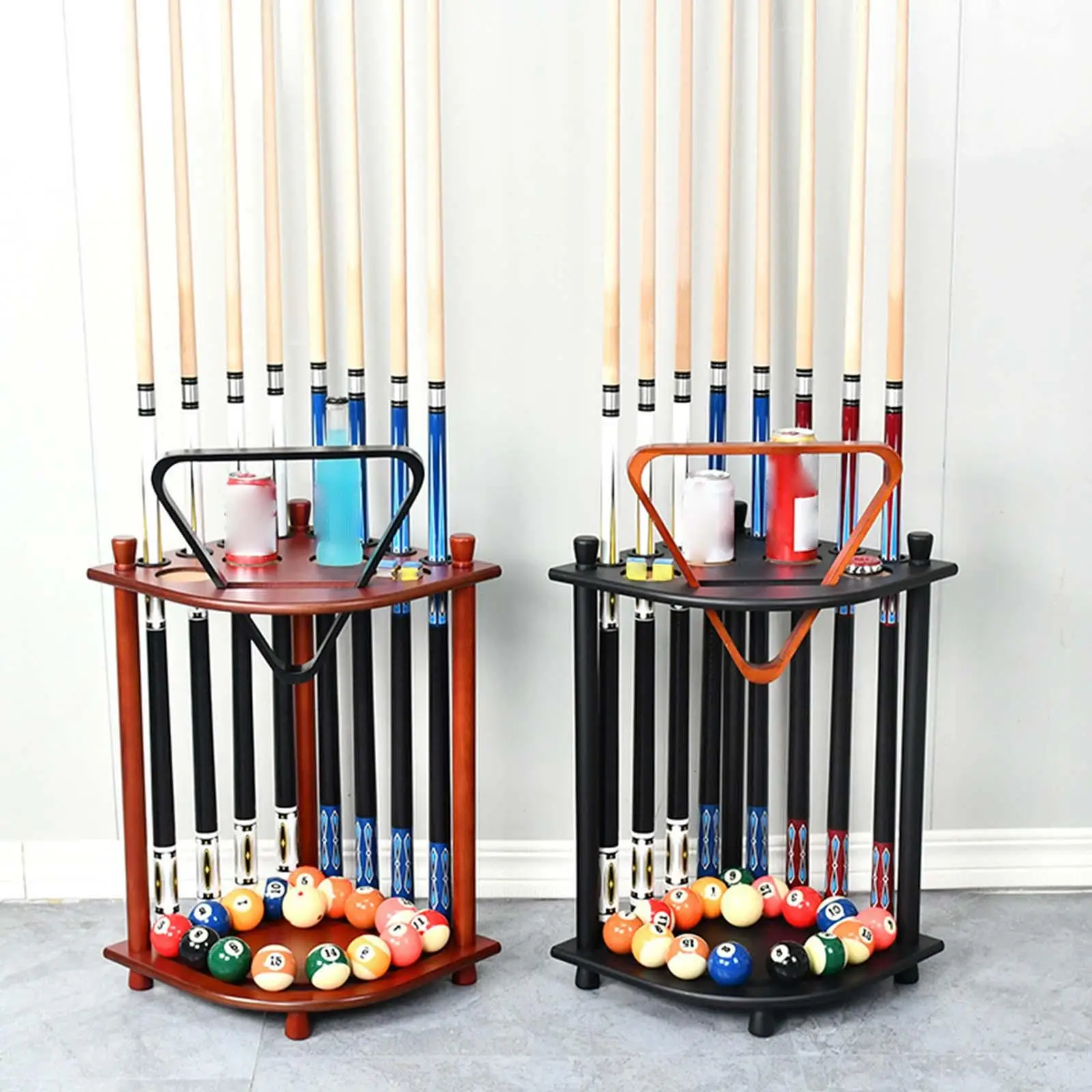 Billiards Pool  Rack for s and Balls Holds 8  Sticks Solid Wood Free Standing Pool Rod Holder W/ Drink Holder