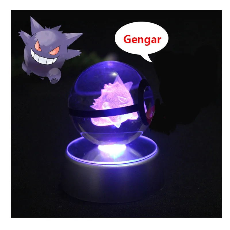 Anime Pokemon Gengar 3D Crystal Ball Pokeball Engraving Crystal Anime Figures Model with LED Light Base Kids Toy ANIME GIFT