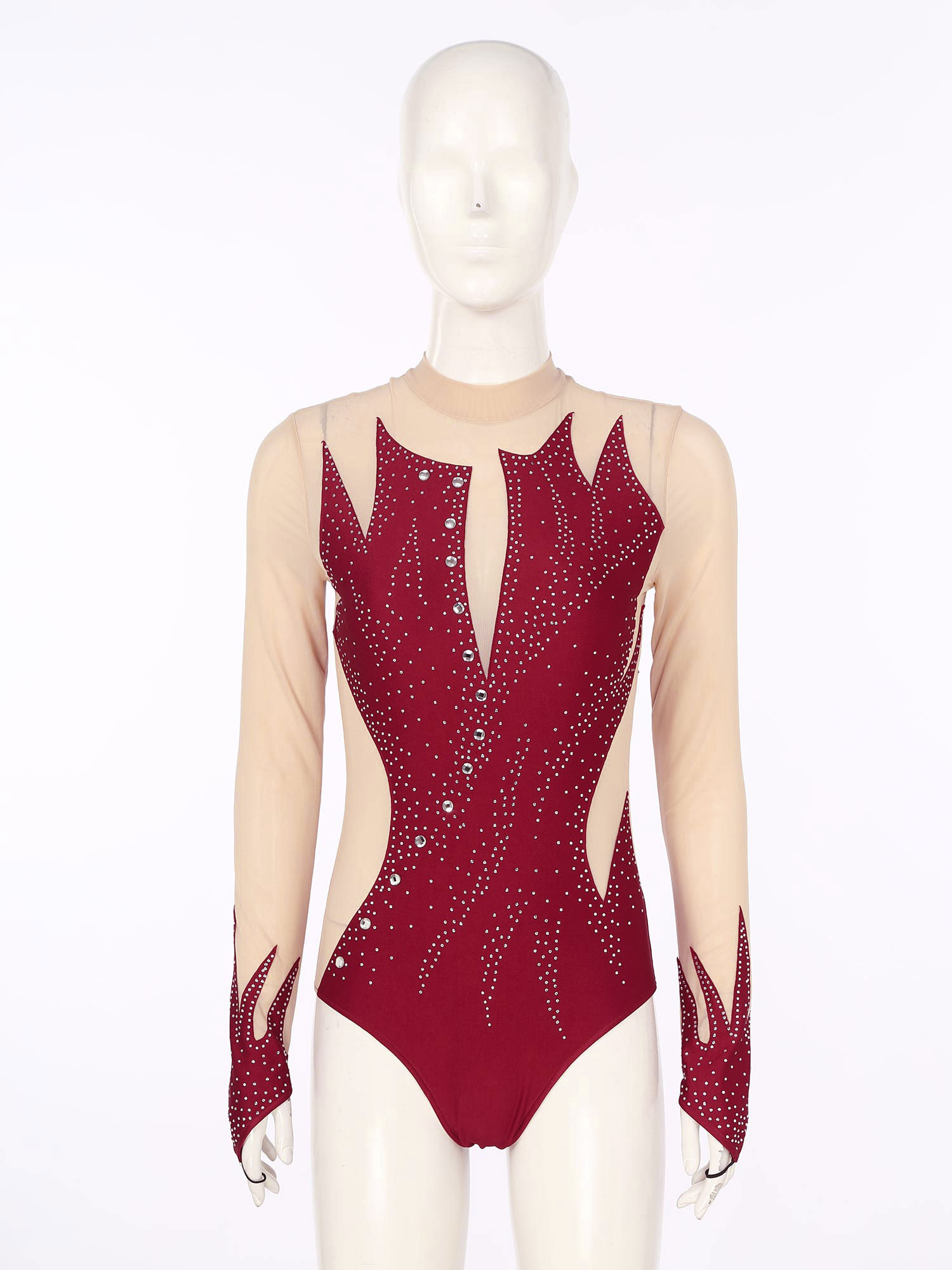 Frauen Eiskunstlauf Body Ballett Tanz Rhythmische Gymnastik Trikot Langarm Strass Sheer Mesh Leistung Dancewear – Detail 11