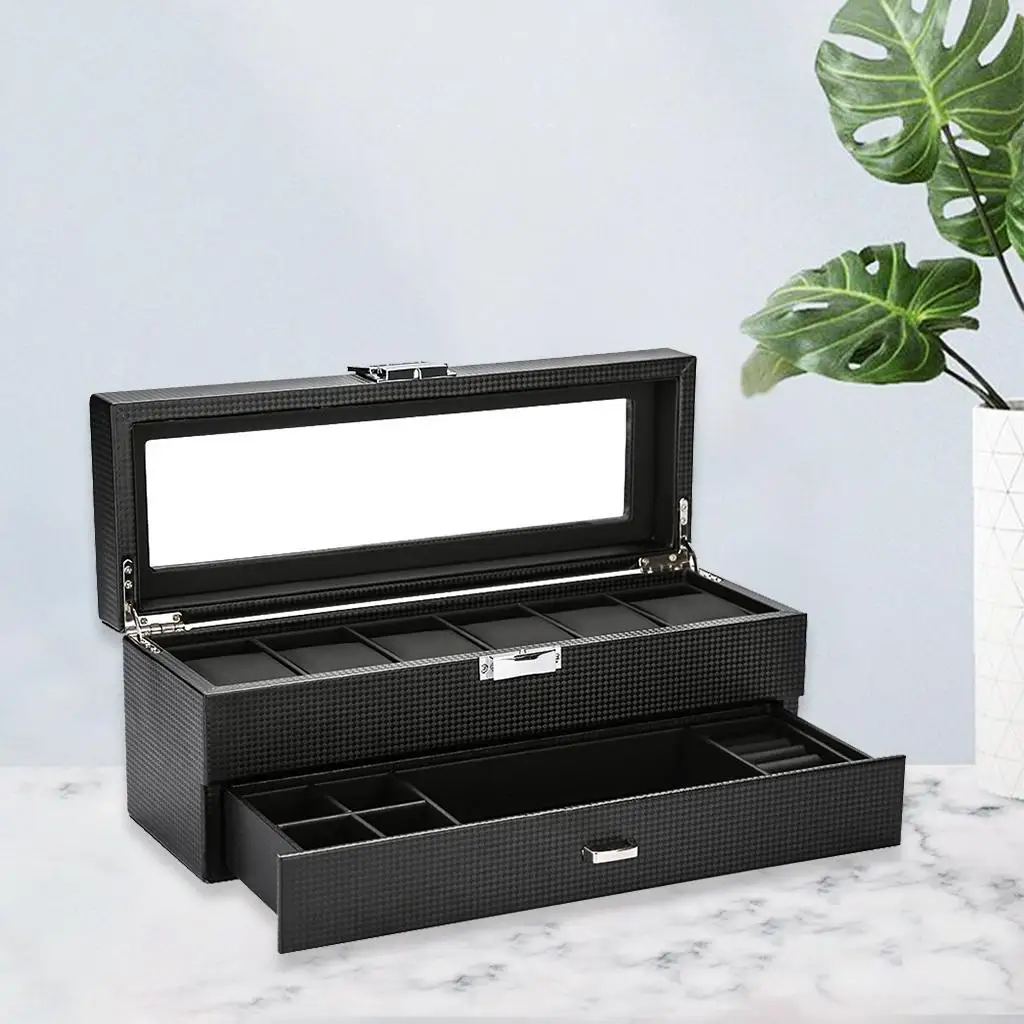 , 6 Slots Wooden Case Organizer with Jewelry Drawer for Storage And Display
