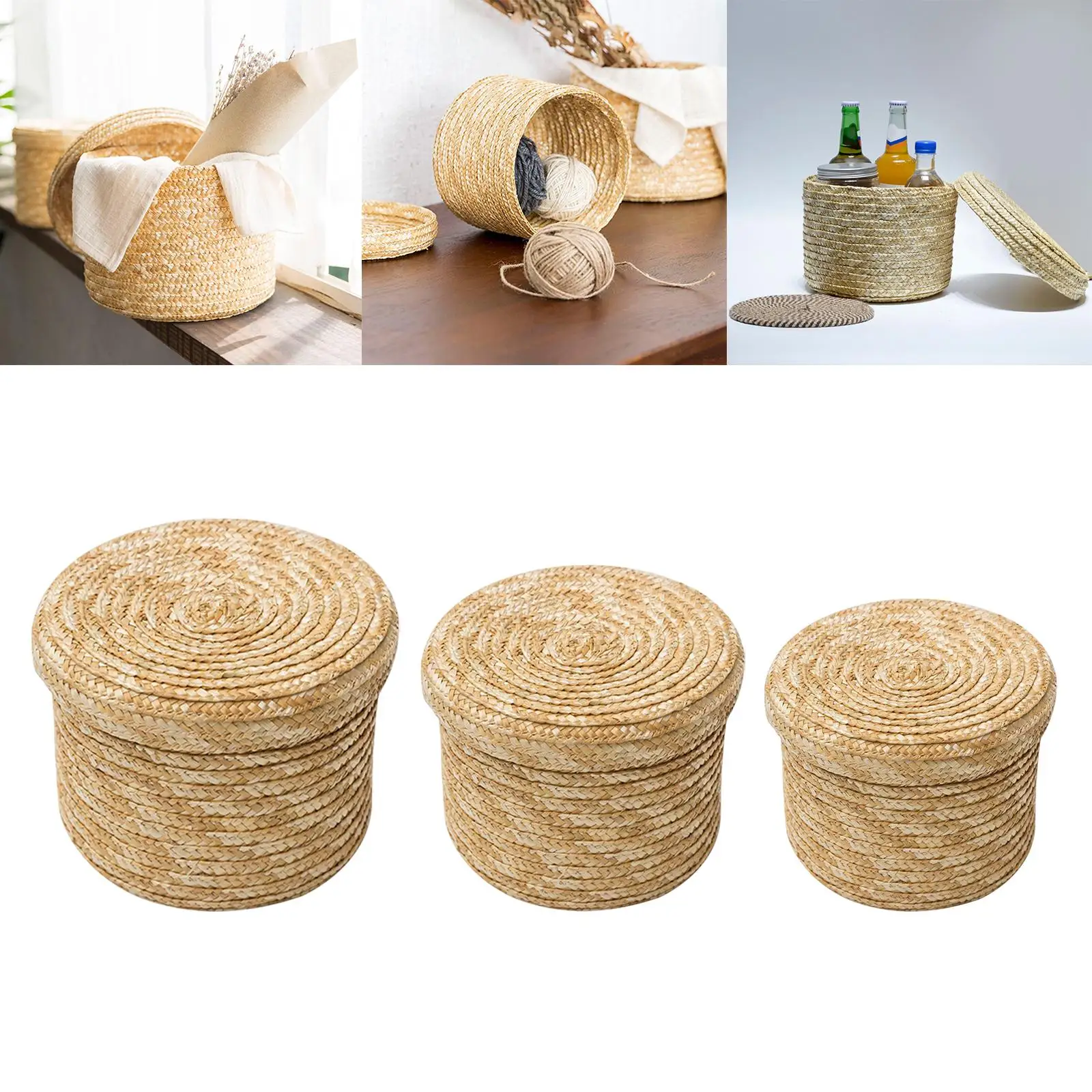 Round Straw Woven Storage Basket Rattan Flower Basket Desktop Storage Box with Lid Home Decor for Living Room Closet Bedroom