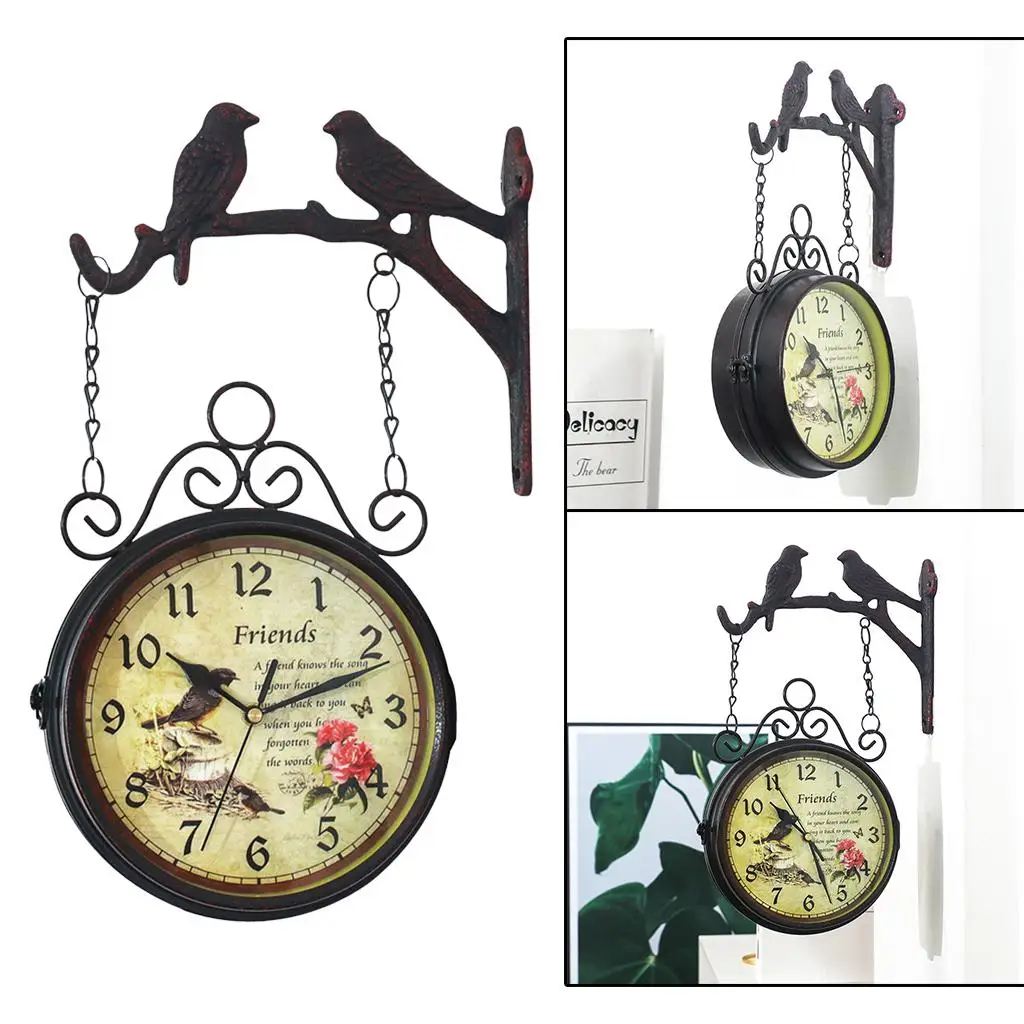 Vintage Double-Side Metal Round Wall Clock 8inch Quiet Clocks Indoor Outdoor