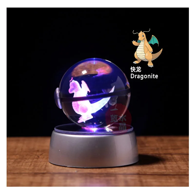 Anime Pokemon Dragonite 3D Crystal Ball Pokeball Anime Figures Engraving Crystal Model with LED Light Base Kids Toy ANIME GIFT