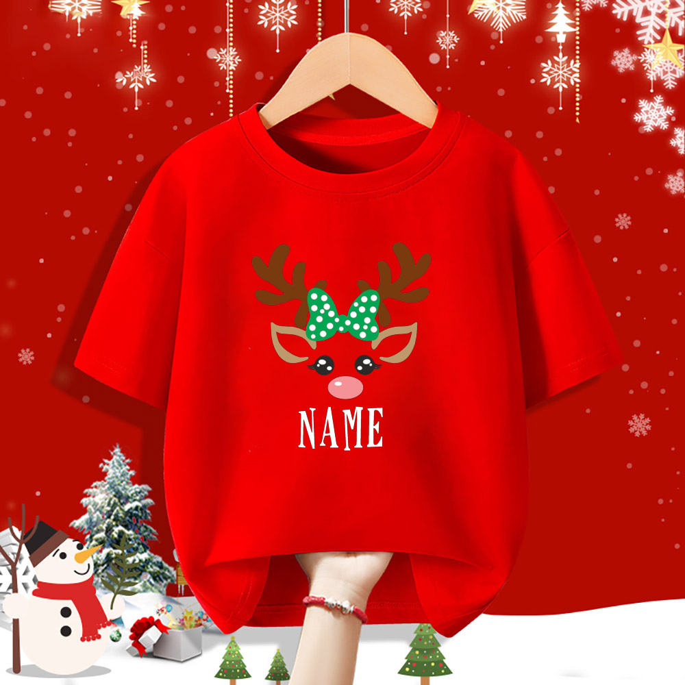 Personalisiertes Kind Weihnachten Rotes Hemd Hirsch Name Kind Kurzarm Kleidung T-Shirt Geschwister Passendes Weihnachtsoutfit Kinder T-Shirts – Detail 3