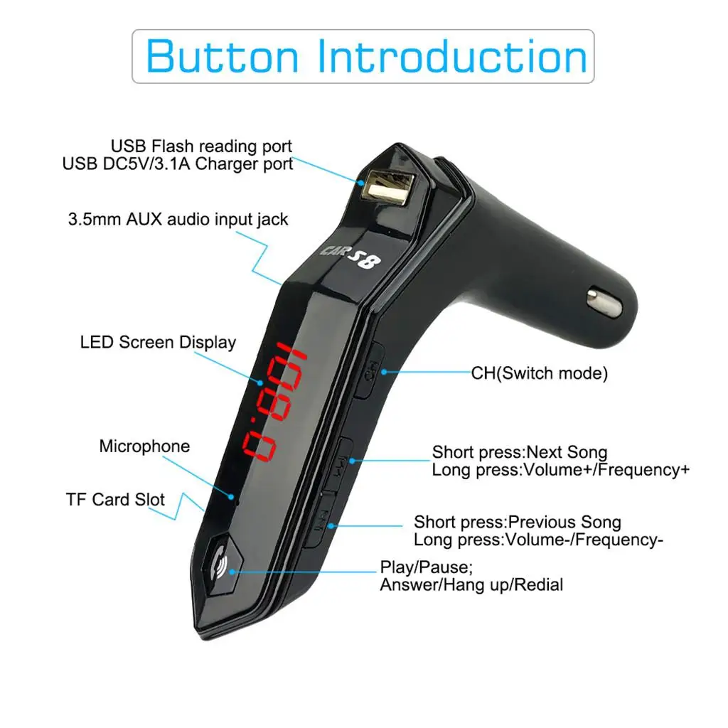 Bluetooth FM Transmitter Dual USB Ports Music Player S8 Black