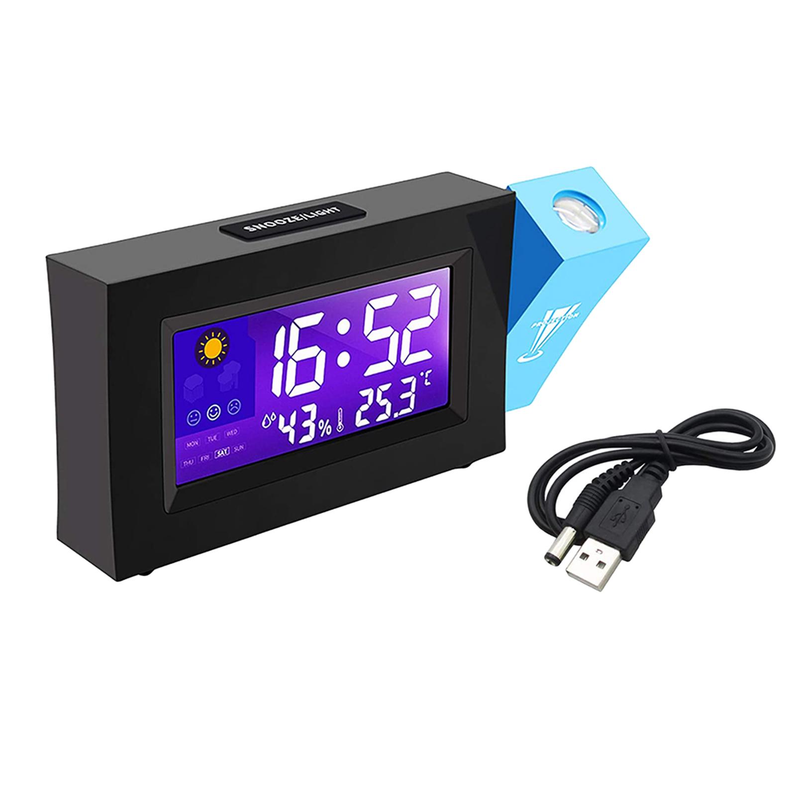 LED Digital Clock Projection On Ceiling Wall Quiet Max/ Min Temperature & Humidity Records Clock Snooze Function 12/24H USB