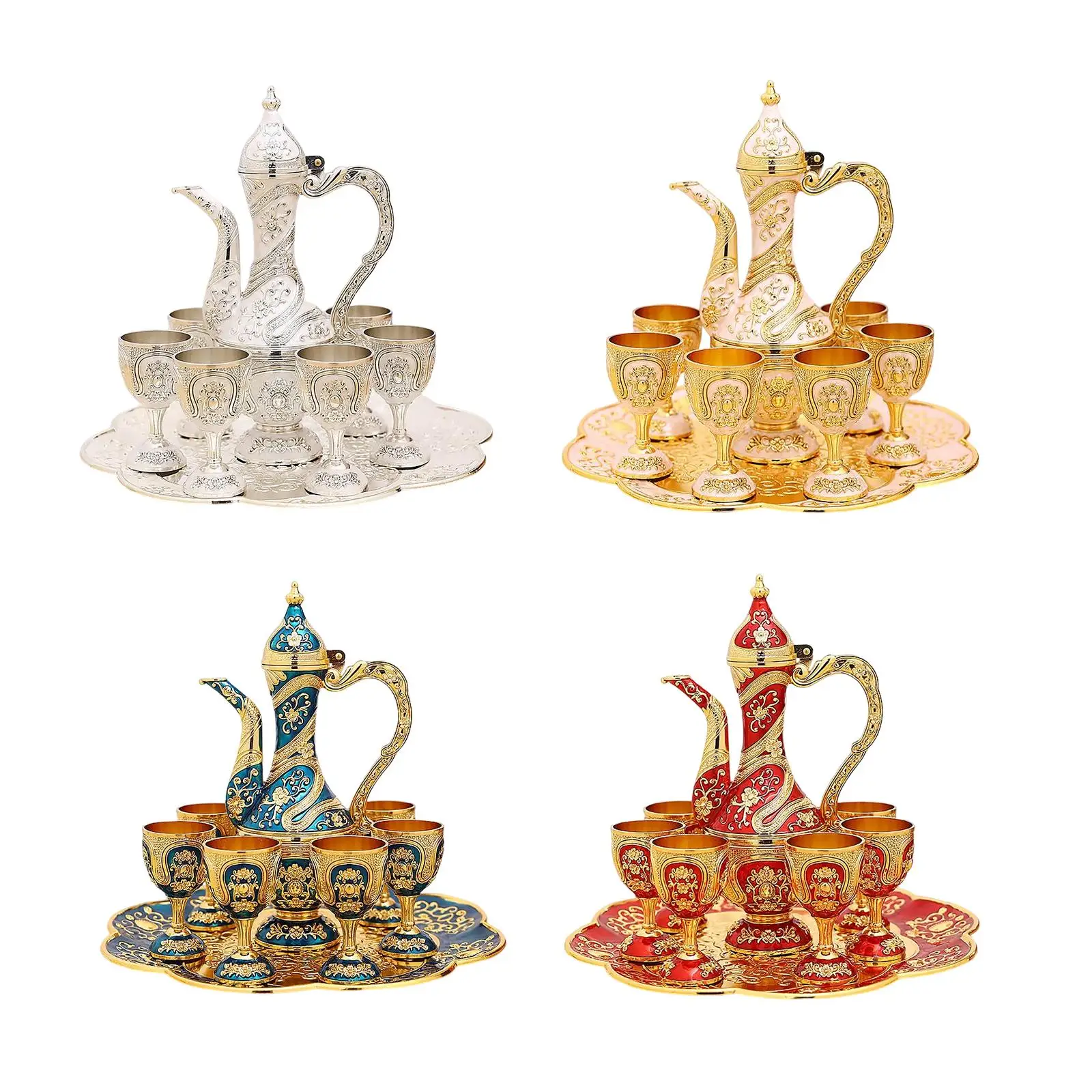 Vintage Turkish Coffee Pot Set Art Crafts Tea Sets with 6 Coffee Cups Crafts Tea Tray Teapot for Ornaments