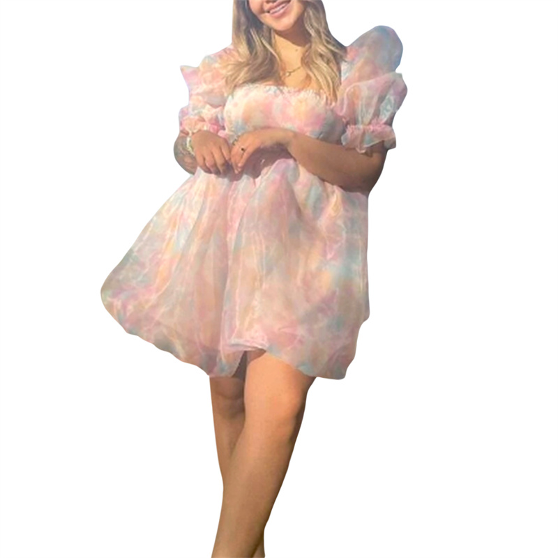 Fairy Mesh Dress y2k Women Aesthetic Gradient Color Puff Sleeve Princess Dress Square Neck Short Prom Party Dresses