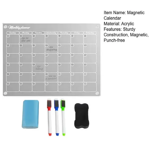 Calendario magnetico cancellabile, 43 cm x 30 cm, trasparente pianificatore  mensile e settimanale in plexiglass per frigorifero con 4 pennarelli  colorati inclusi : : Cancelleria e prodotti per ufficio