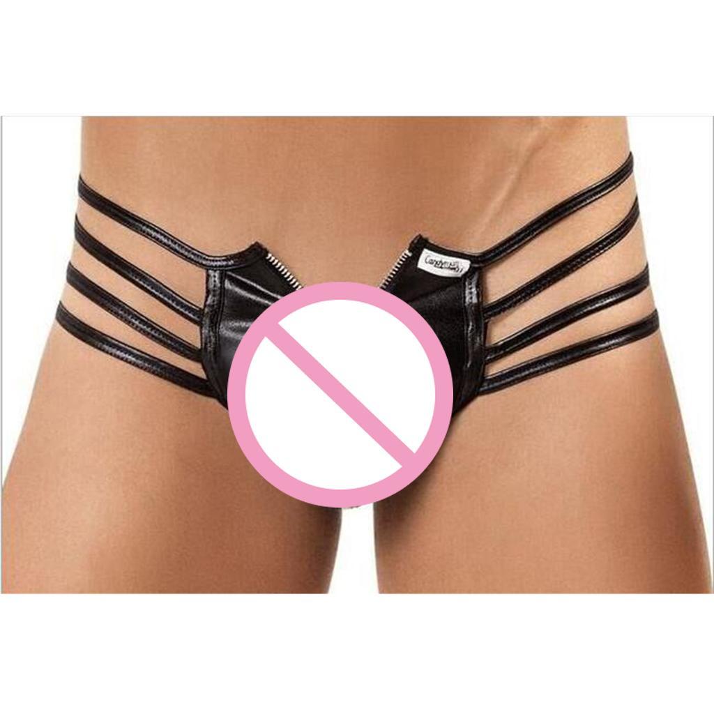 Black PU Leather Pouch Thong Front Zip T Back Underwear Briefs for Men