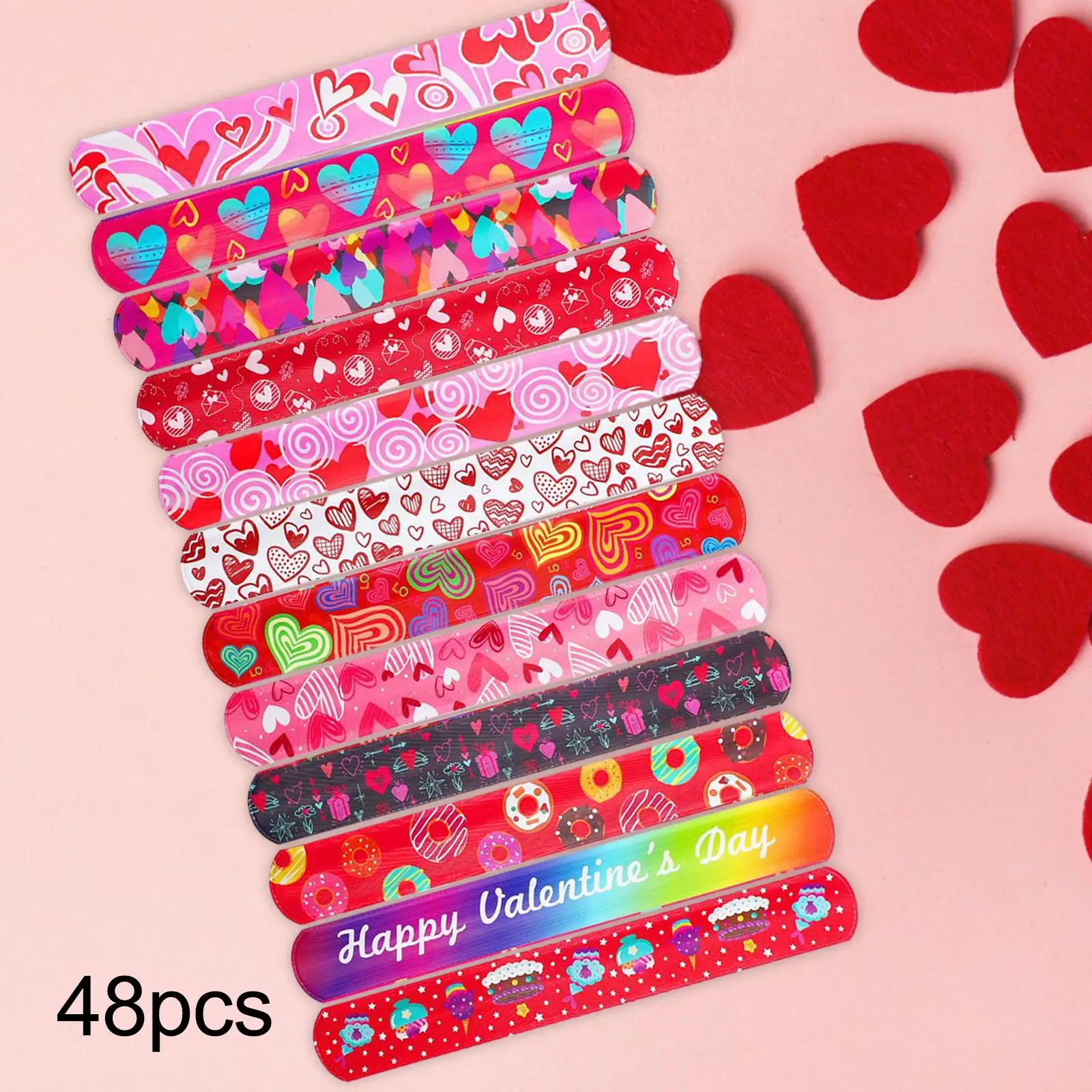 48 Pieces Valentine`s Day Slap Bracelets Toy Colorful Heart Design Gift Exchange Wrap Around Toy Slap Band for Boys Kids Adults