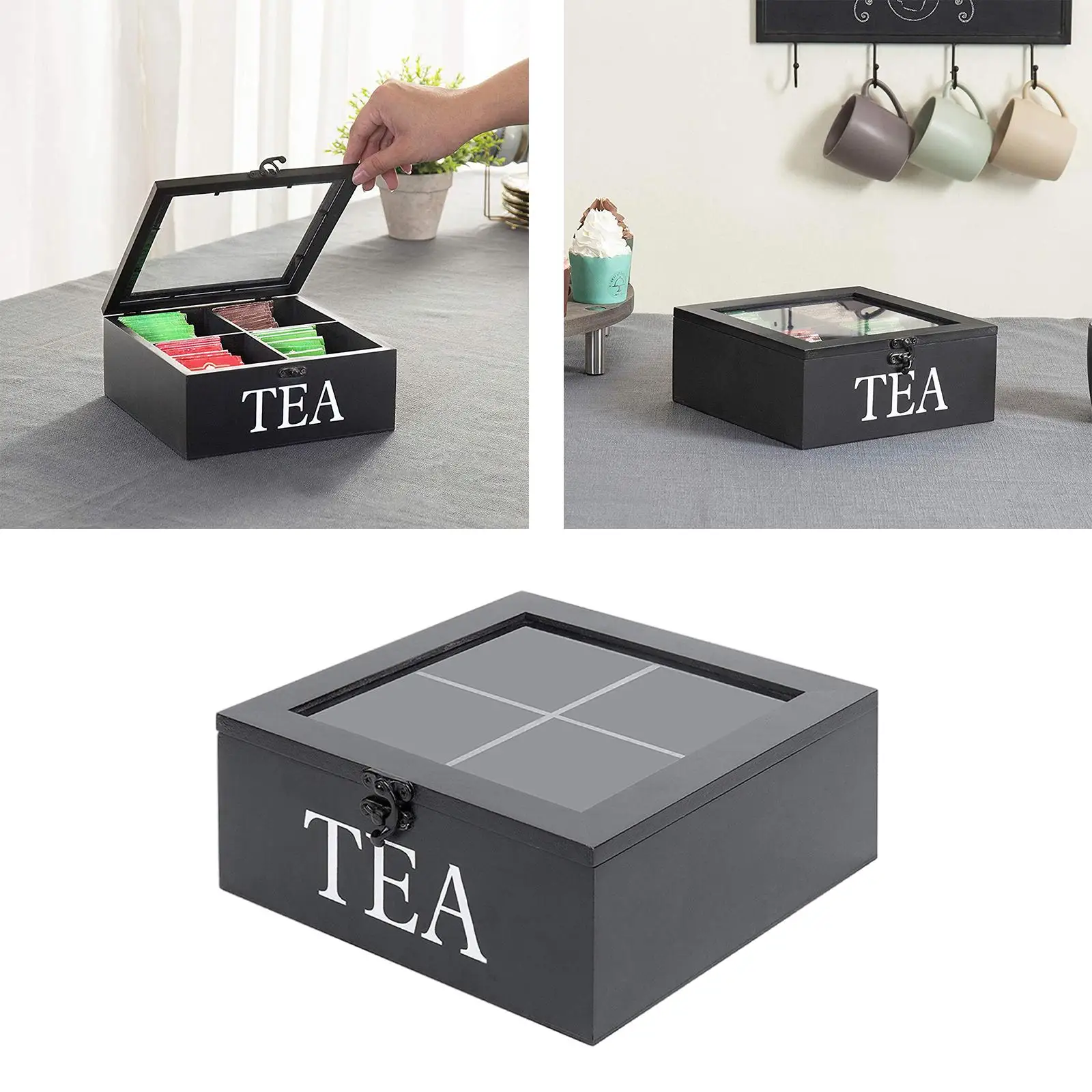 Wooden Tea Box Home for Sugar Bags Assorted Teas and Condiments Coffee Pod