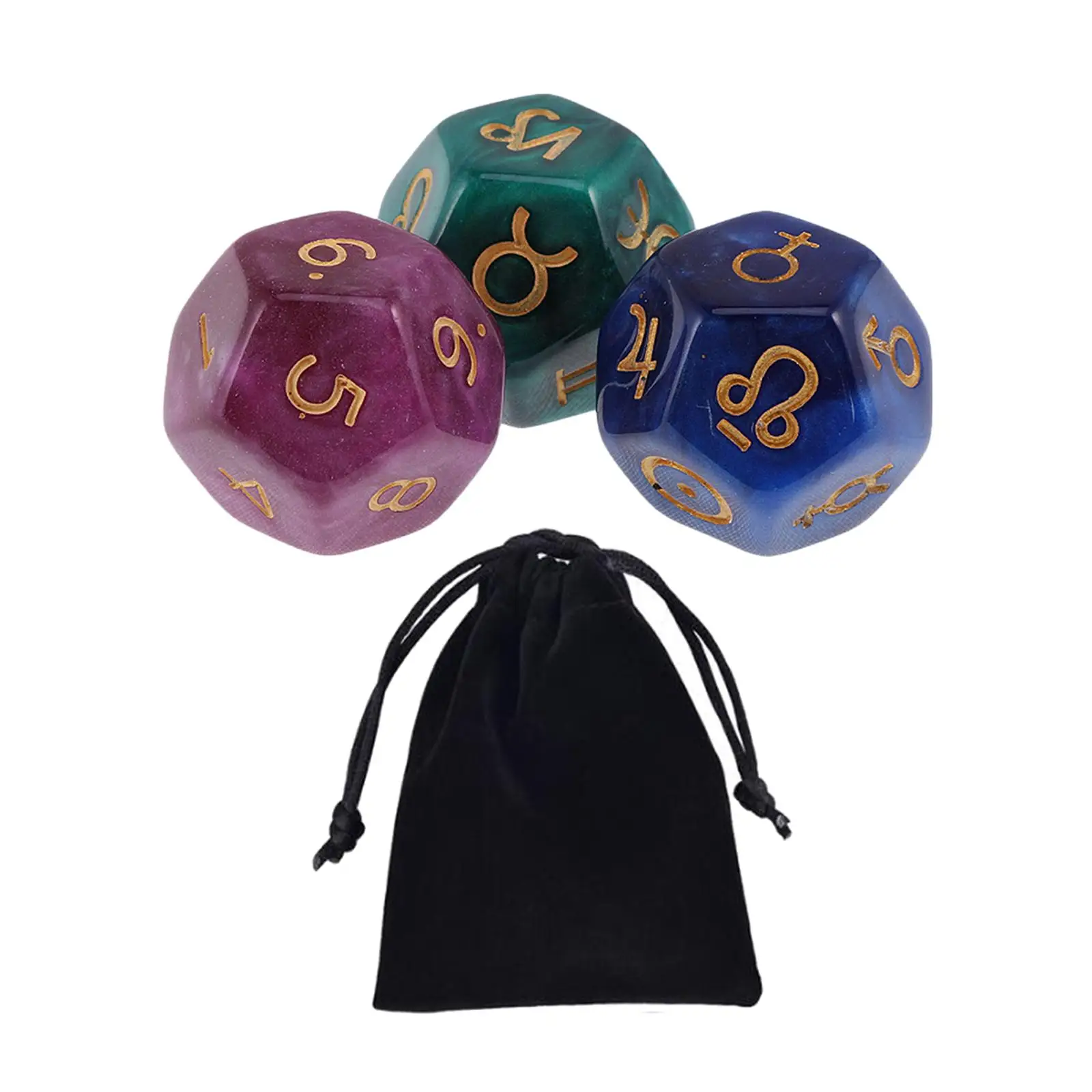 3 Pieces Acrylic Astrological Dice Constellation Dice Collectibles Polyhedral Dices with Pouch for Cards Party Accessory