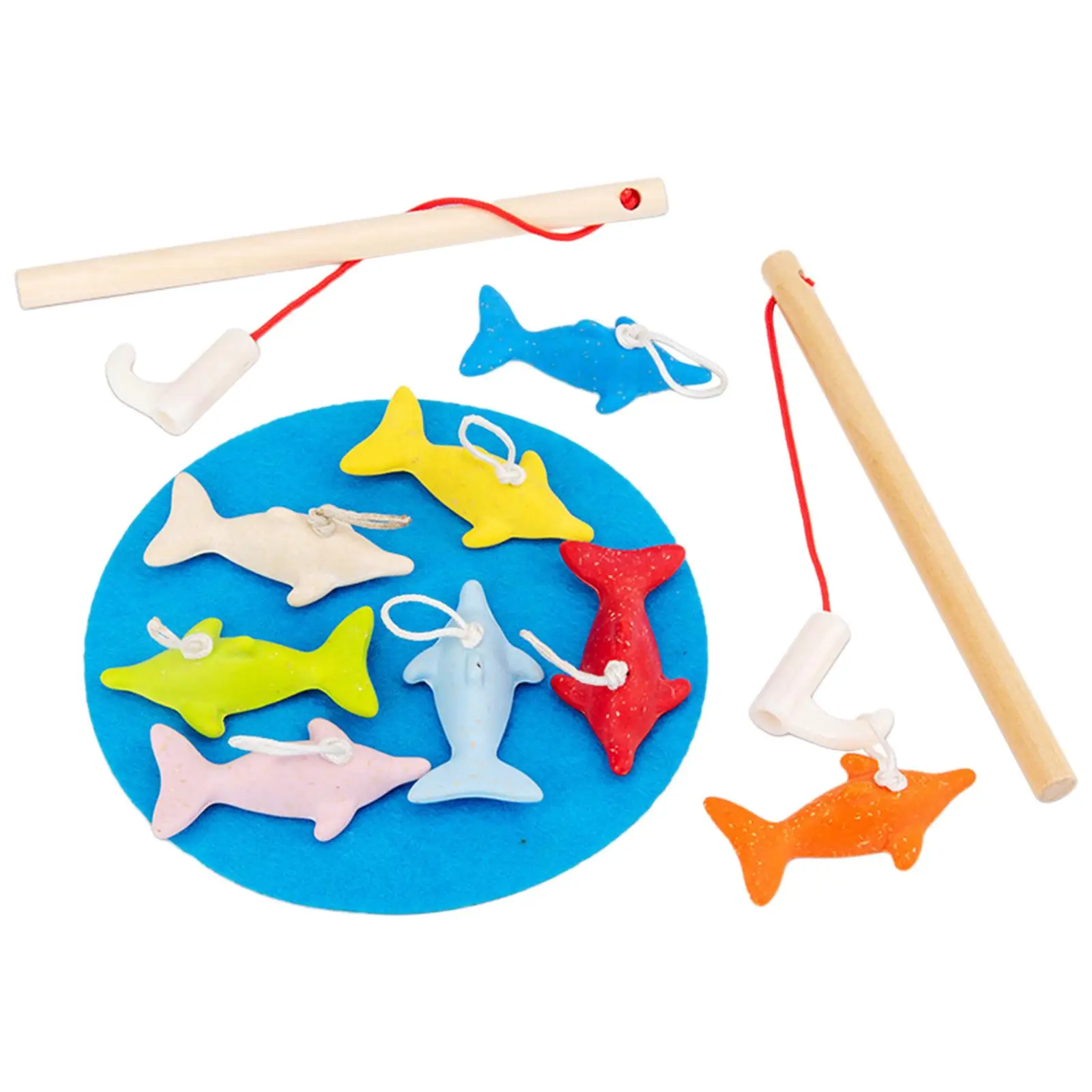 Wood Fishing Game Toy Set with 10 Fish & 2 Fishing Pole Pretend Play Fishing