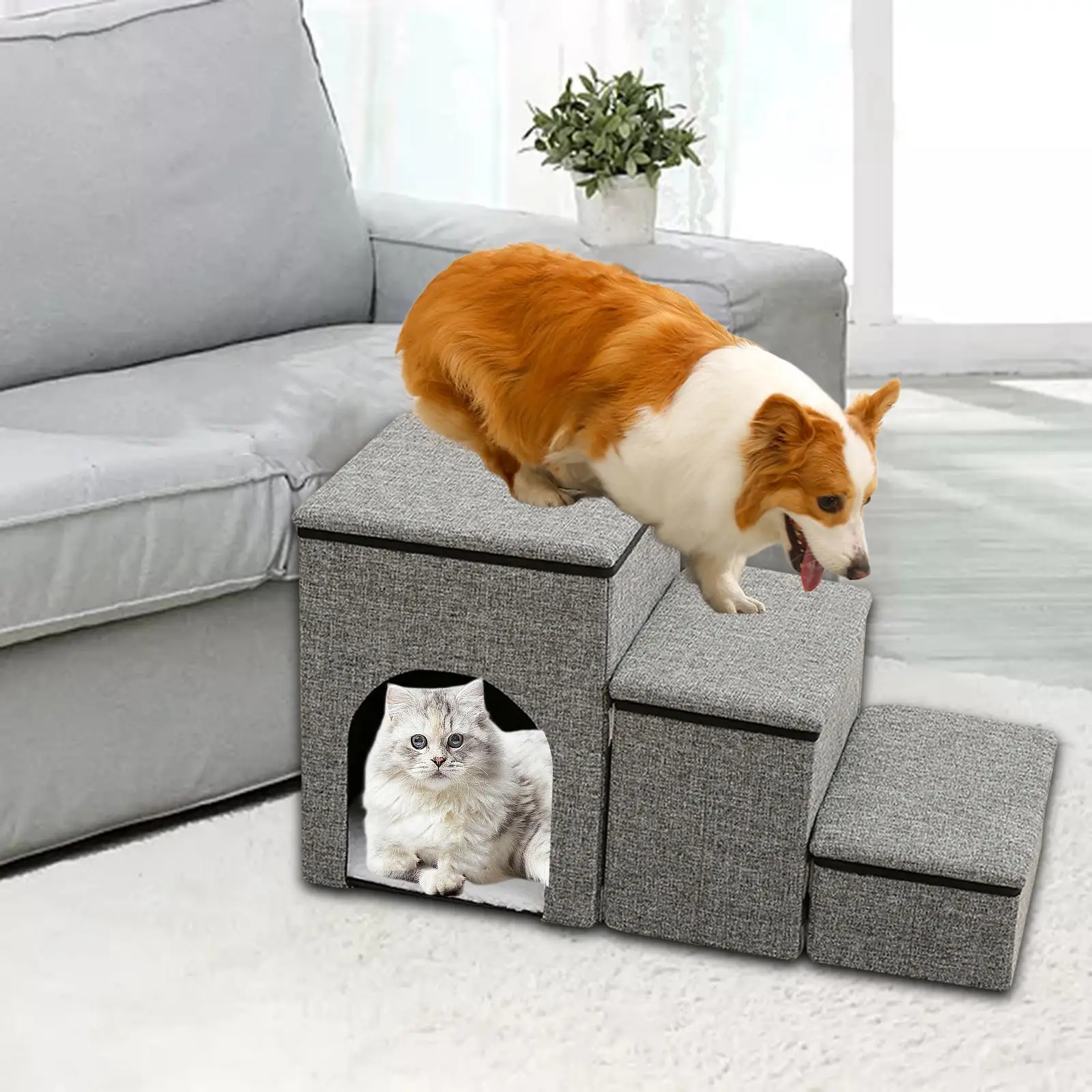 Folding Pet Stairs Couch and High Bed with Storage Condo Non Slip 3 Step Stairs Pet Storage Stepper for Small Dogs and Cats