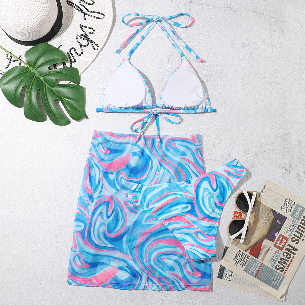 bathing suit wrap skirt 3Pcs Swimwear Women Bohemian Printed Bikini Sets + Mesh Sheer Drawstring Sexy Beach Skirts Bikini Cover Ups Female Summer 2022 bathing suit cover