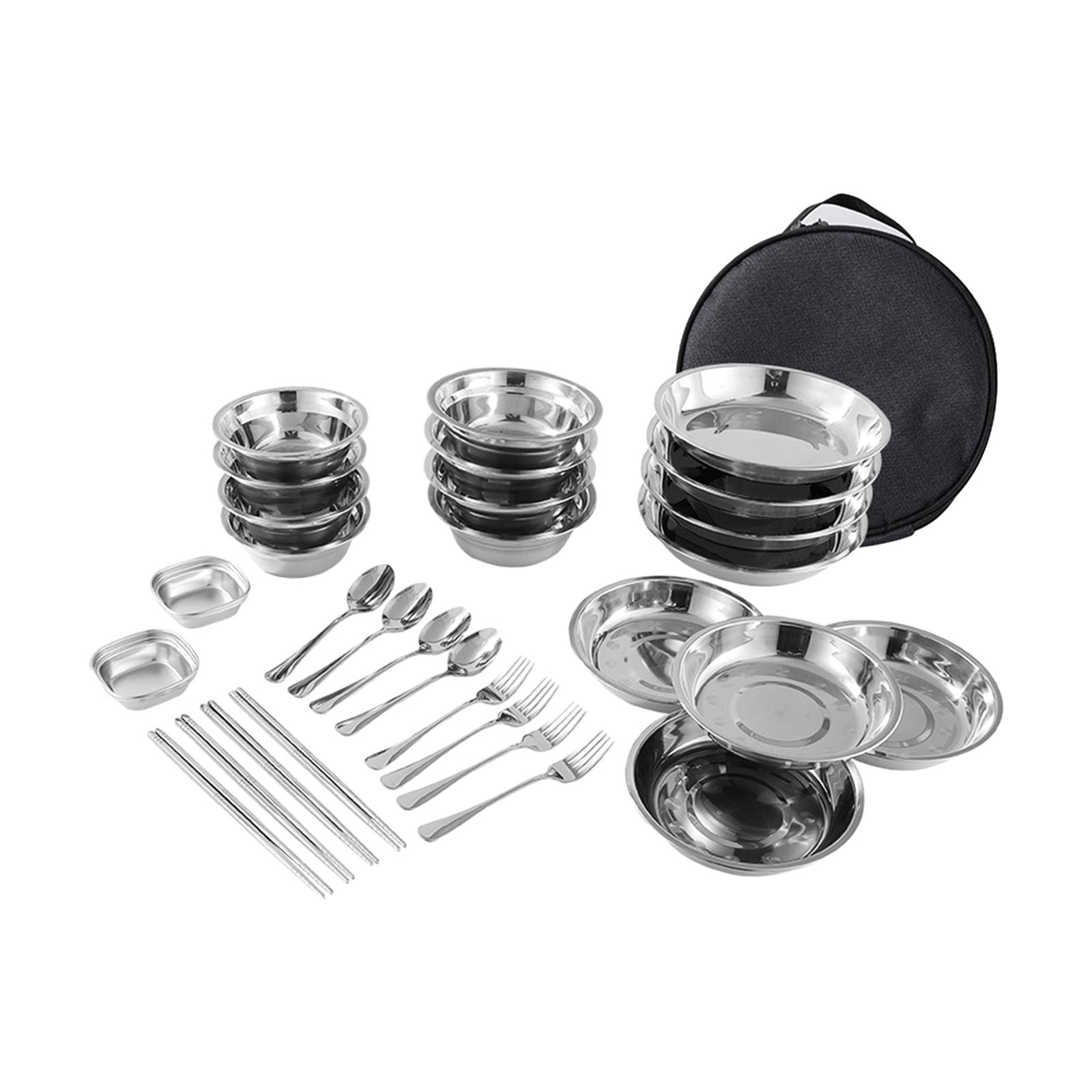 Stainless Steel Plates and Bowls Camping Set Tableware with Carrying Bag Camping Utensils Set for Travel Party Hiking Picnic BBQ