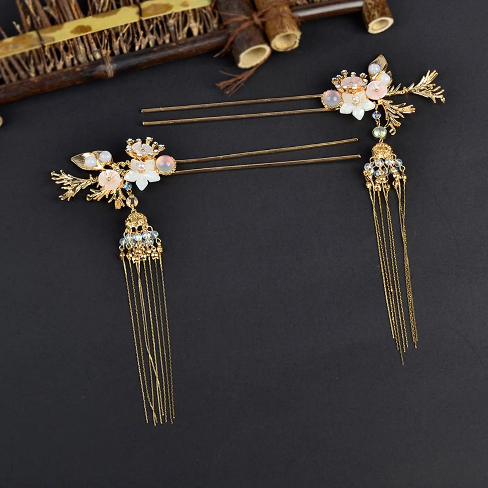 2x Flower hairpin Classical Han Costumes with Tassel Fairy Style Floral Ancient Chinese Hairpin for ceremony Birthday
