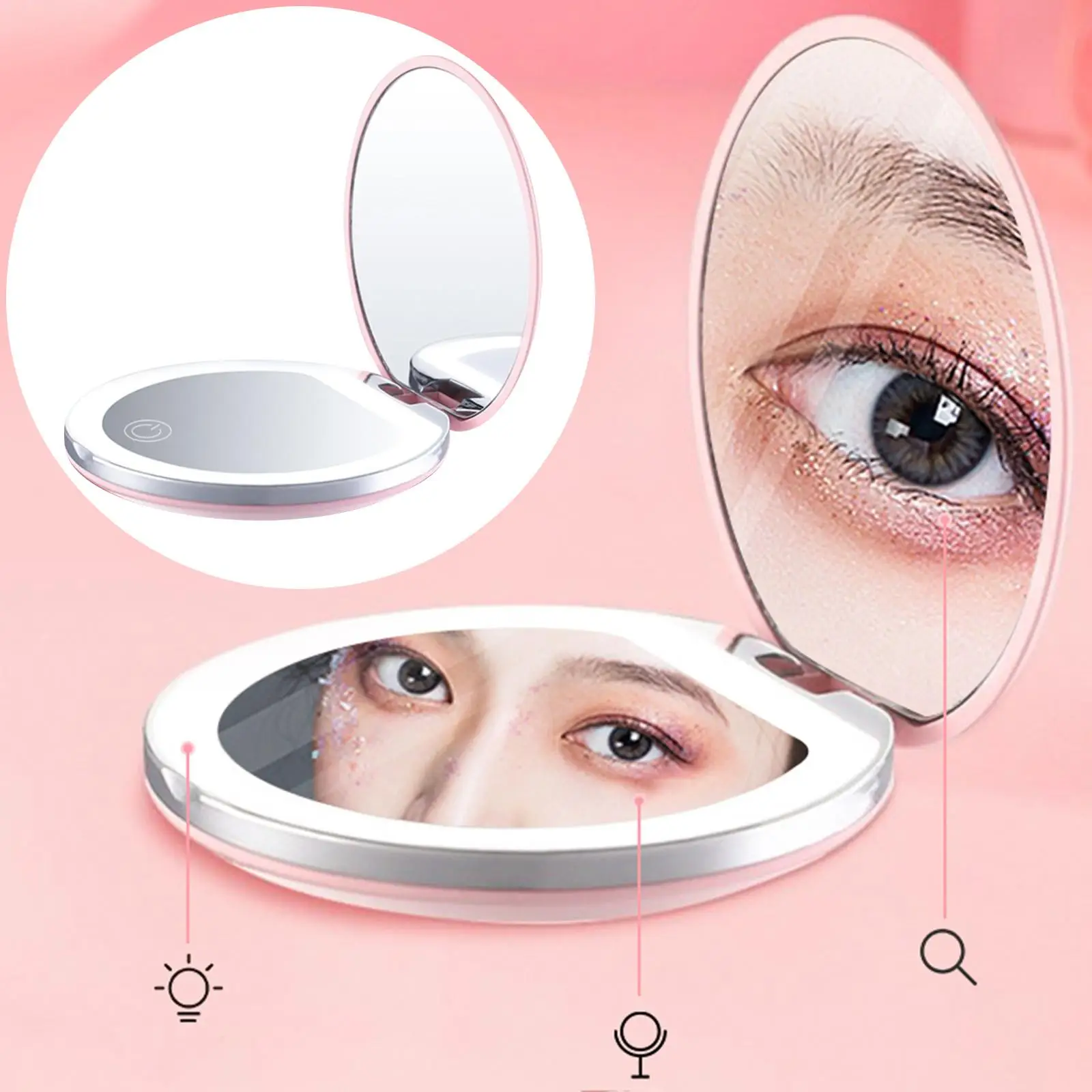 Valentine`s Day Lighted Makeup Mirror Light Mini Round Portable Led Make Up Mirror Sensing Usb Chargeable Makeup Mirror