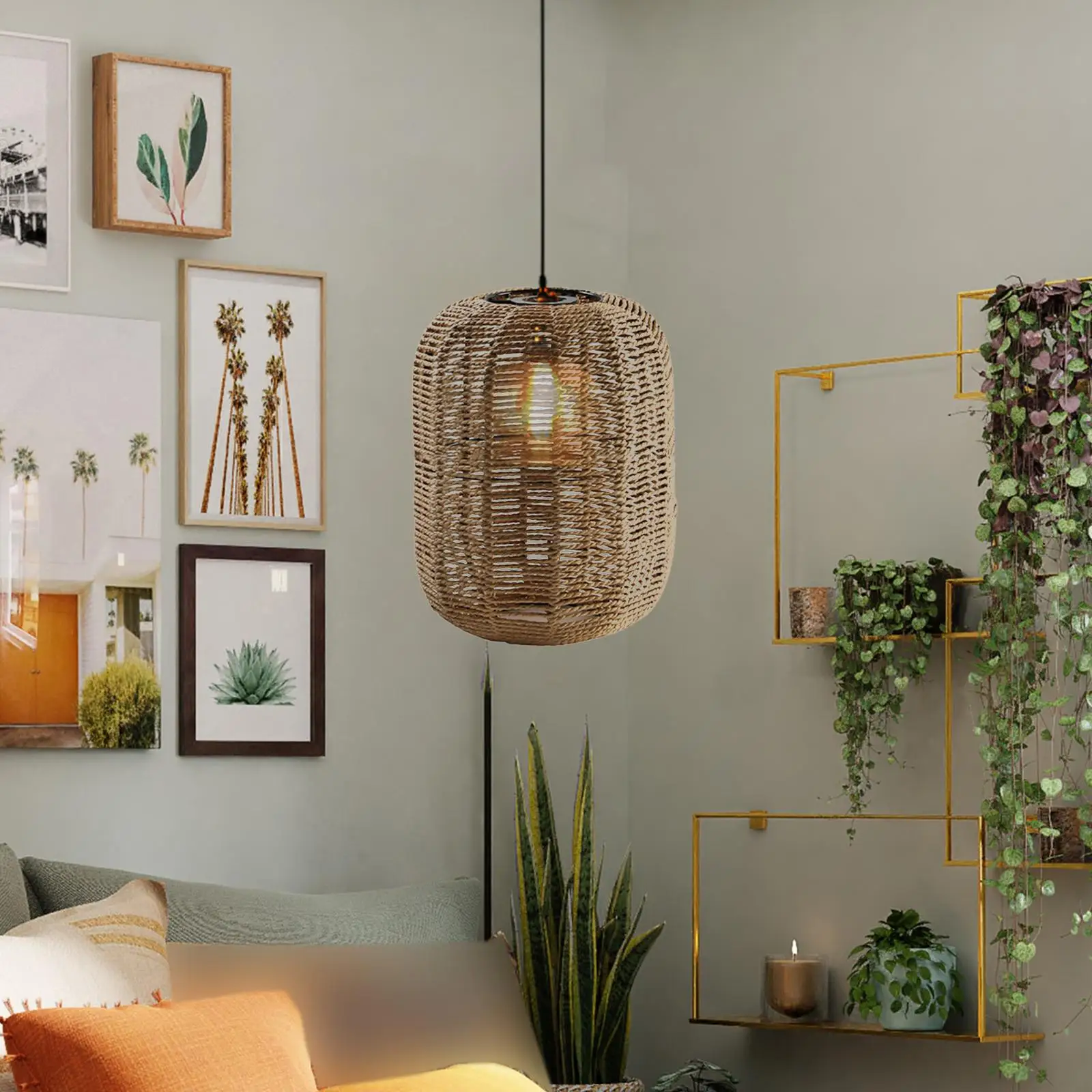 Retro Style Pendant Lamp Shade, Woven Ceiling Light Shade Hanging Light Rope Fixture Lampshade, for Room