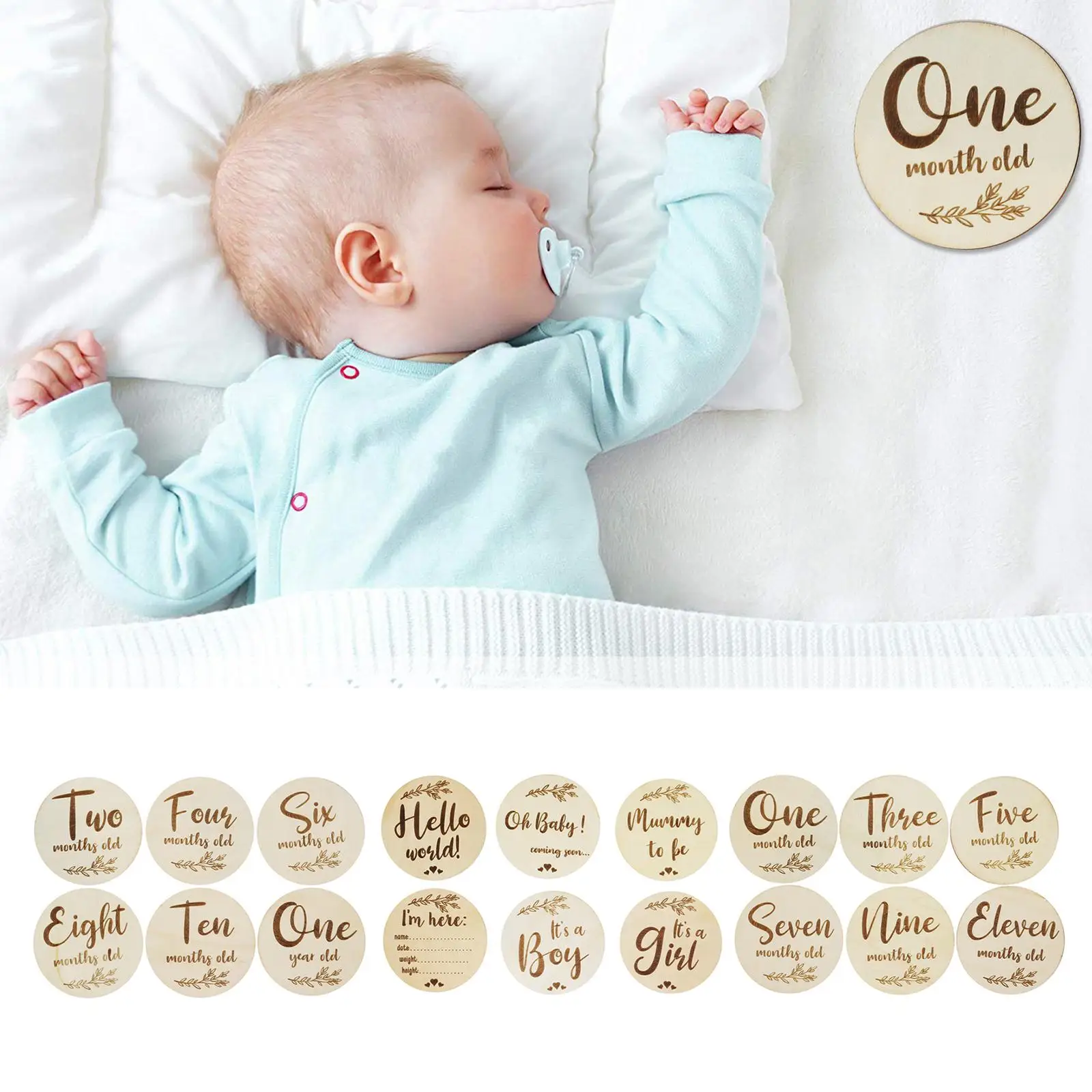  6Pcs   Baby   Birth   Milestone   Wooden   Card   Month   Record   Date   for   Baby   Shower 