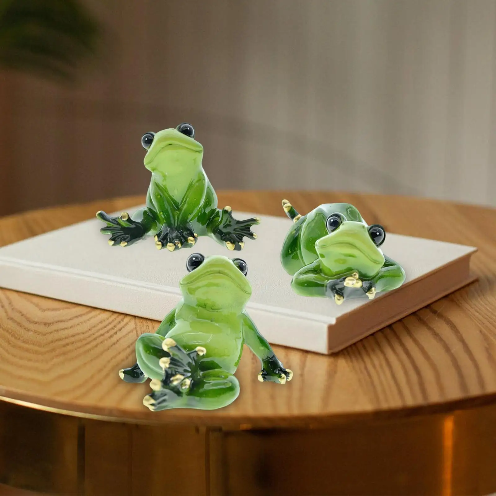 3x Cute Frog Figurines Handicraft Sculpture Animal Resin Miniature Ornament for Hotel Desktop Garden Office Decoration