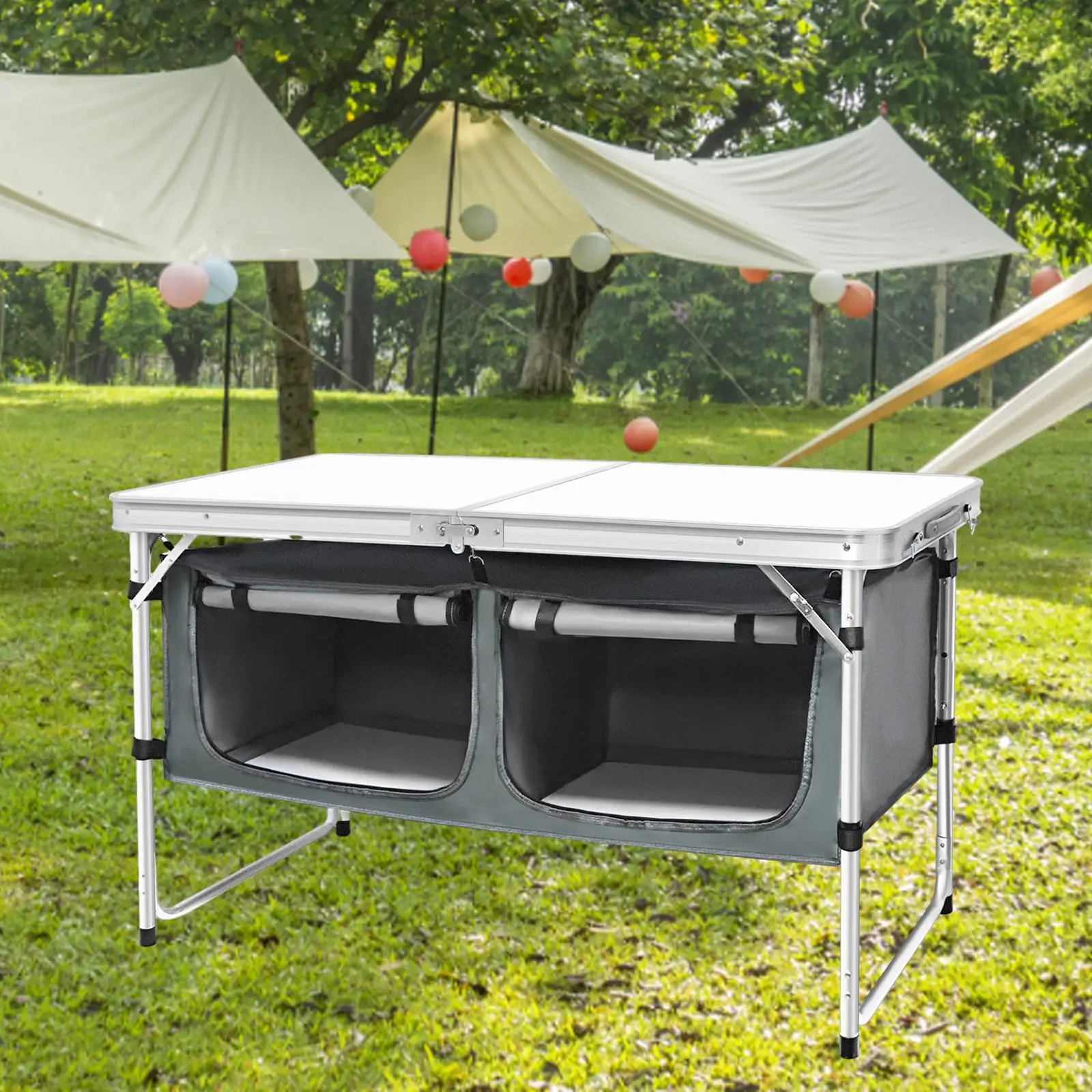 Folding Camping Picnic Table with Storage Compartment Sturdy Easy Carry with Adjustable Legs Lightweight Folding Outdoor Table