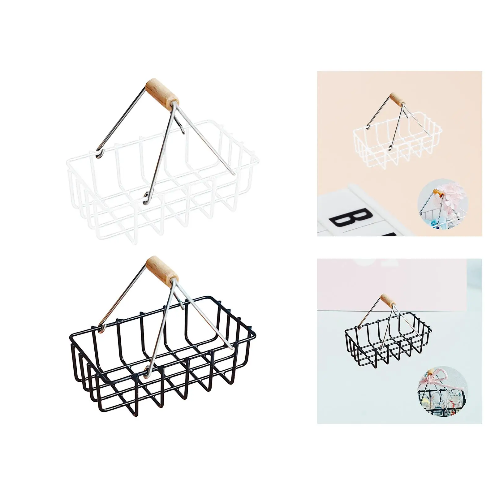 1:8 1:6 Miniature Alloy Storage Basket Dollhouse Shopping Basket with Handles for Living Room Scenery Supplies Decoration