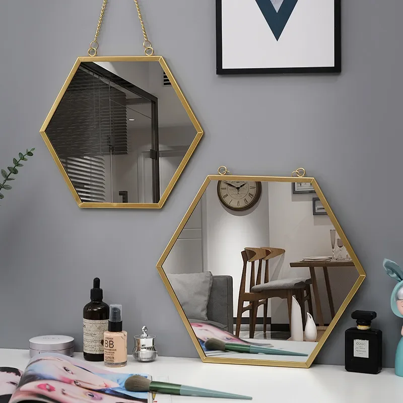 Round Decorative Glass Mirrors Home Decor Bathroom Vanity Chain Hexagon Wall Hanging Makeup Mirror Art Interior Home Decoration