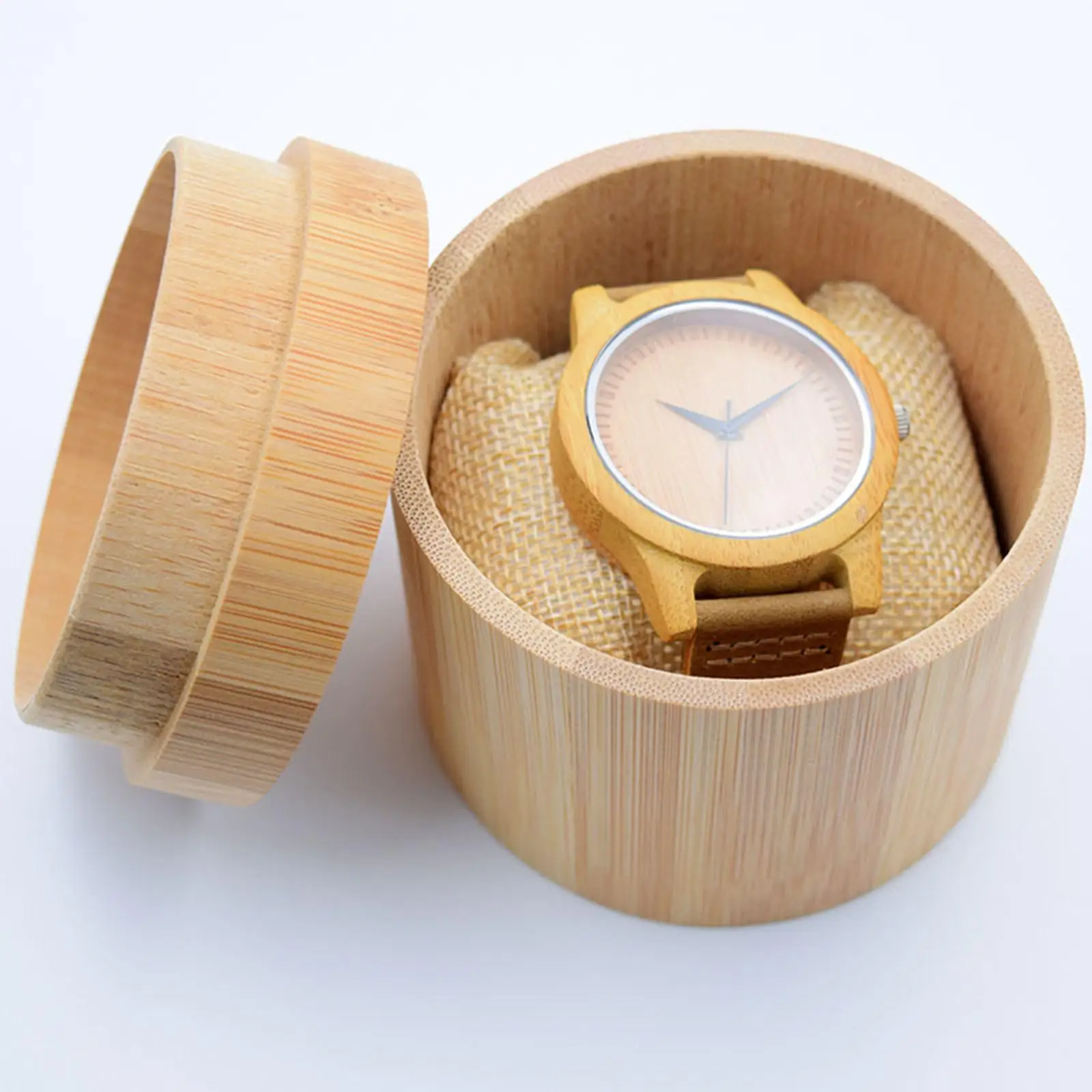 Wooden Watch Display Case Durable Cylindric Waterproof Protector Travel Gift Box Holder for Jewelry Bracelets Dad Boyfriend Men