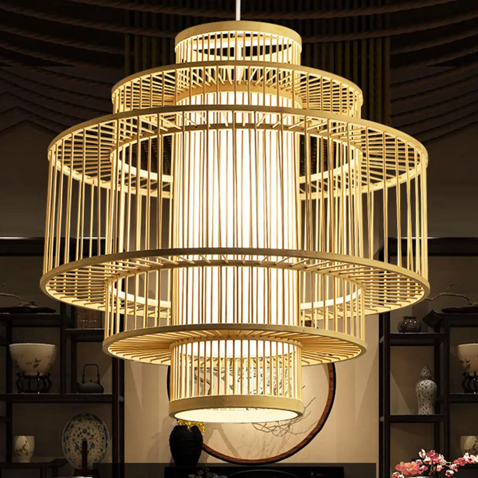 Vintage Ceiling Chandelier, Bamboo Lampshade Ceiling Lamp for Dining Room Kitchen