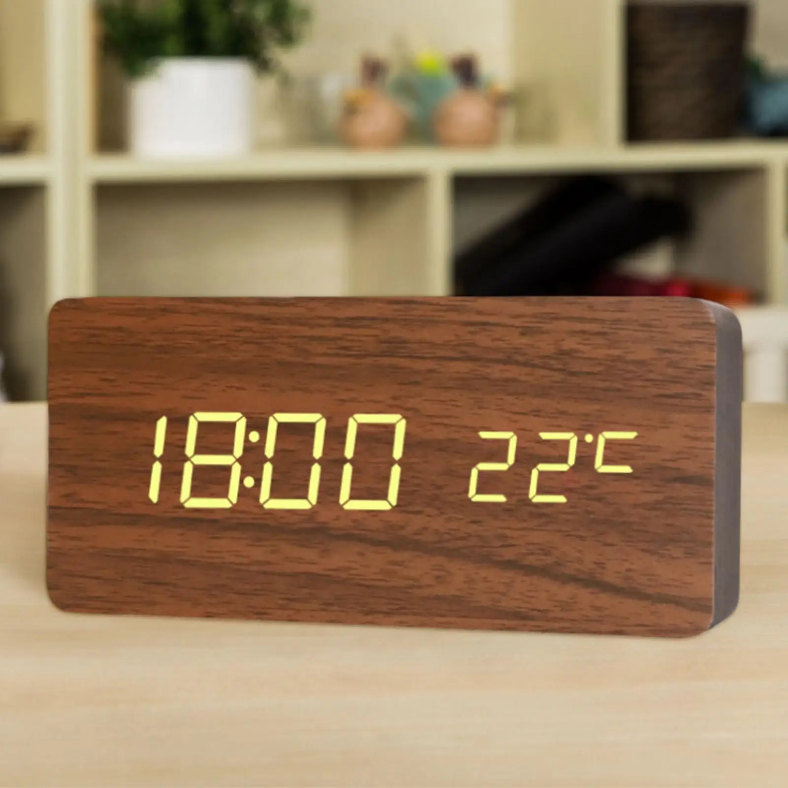 Large Digital Alarm Clock Battery Powered/USB Temperature Date Display Thermometer 3 Alarm Setting Wooden LED for Tabletop Kids