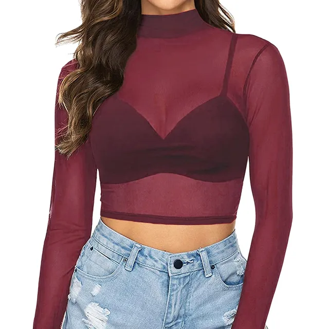 Women Sexy See through Crop Tops T-Shirt Sheer Mesh Turtleneck Long Sleeve  Blouses Party Club