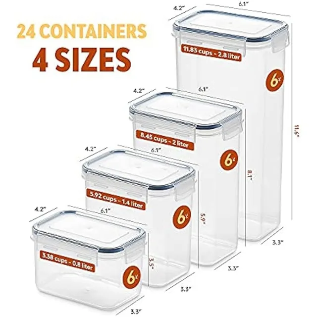  24 Pack Airtight Food Storage Container Set - BPA Free Clear  Plastic Kitchen and Pantry Organization Canisters with Durable Lids for  Cereal, Dry Food Flour & Sugar - Labels, Marker 