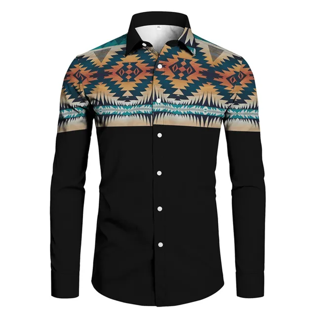 Mens Vintage Button Shirts Western Ethnic Blouse Long Sleeve