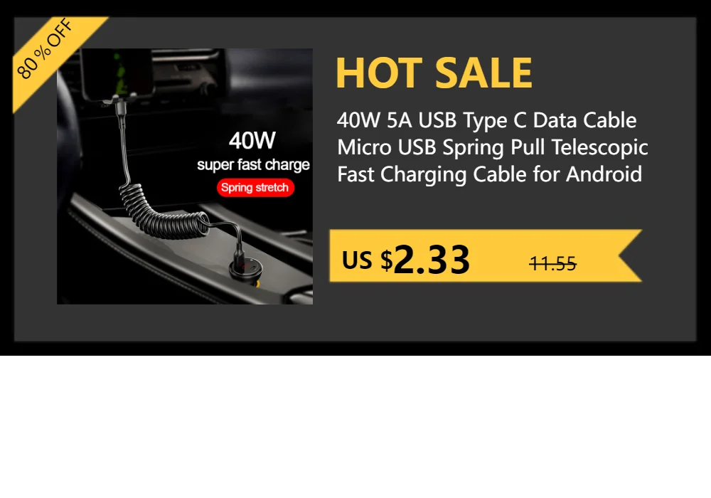 Un anuncio promocional de un cable de datos USB tipo C de 40 W y 5 A. Se describe como un cable de carga rápida telescópico micro USB con resorte para Android. El precio aparece como 2 dólares estadounidenses.