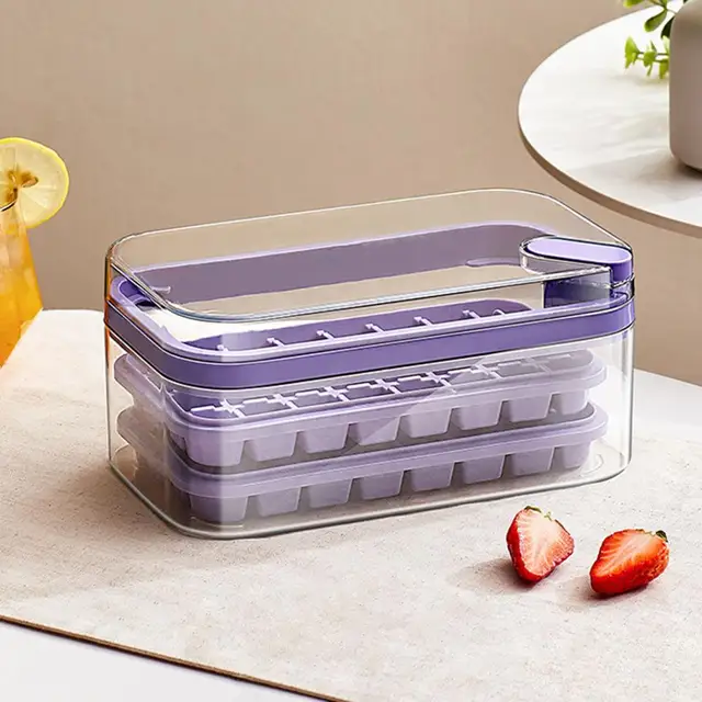 GROFRY 1 Set Ice Cube Tray Single/Double Layer Multiple Grids Press Button  Design Silicone Ice Mold Tray Storage Box with Shovel Kitchen Tool,Purple  Single Layer 