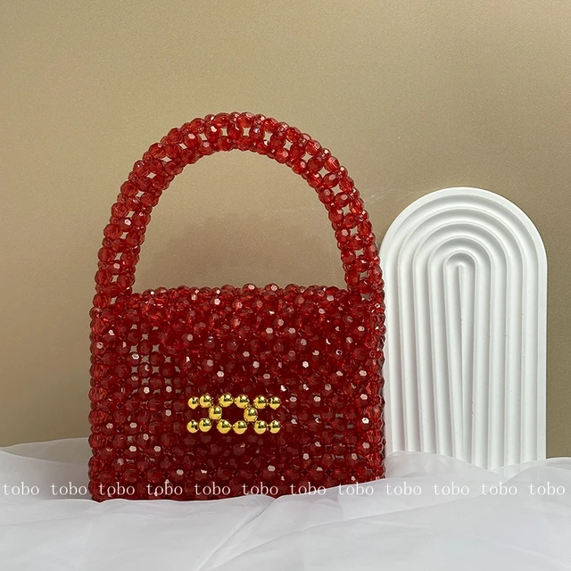 Red beads bag with golden combination - handmade wedding ceremony